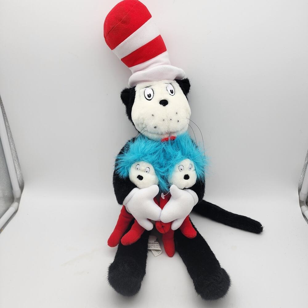 Dr Suess Cat in the Hat Holding Thing 1 and Thing 2 Plush Figure Toy 24" 2023